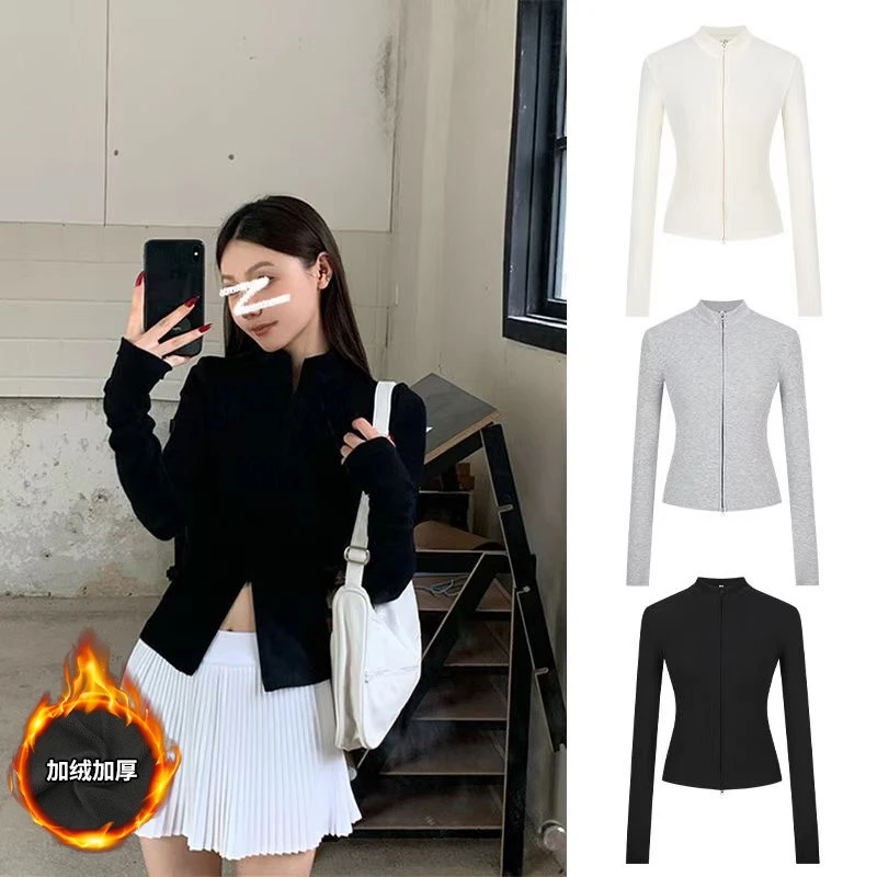 MosesQueen/魔西女王 美式双拉链外套抗条上衣女立领修身掐腰开衫