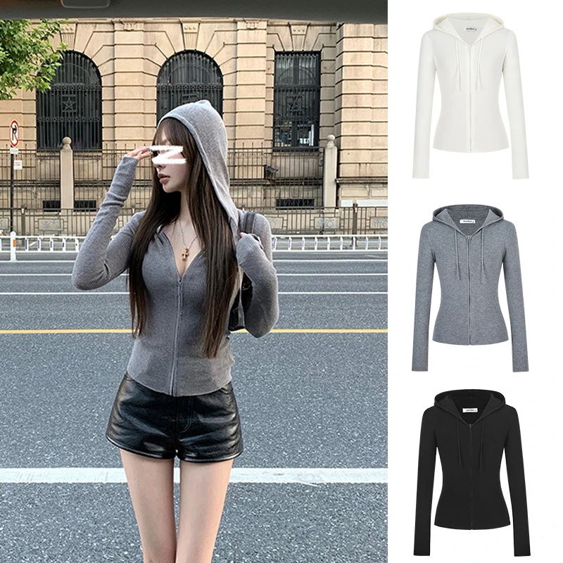 辣妹ins风针织连帽开衫早秋掐腰上衣短外套