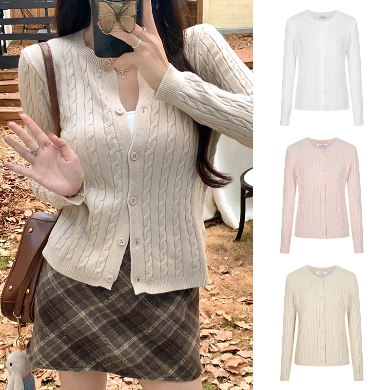 MosesQueen/魔西女王 慵懒感麻花针织开衫女春秋百搭圆领毛衣外套