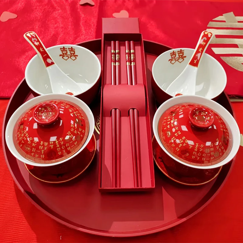 婚庆结婚红色托盘敬酒水果盘子简约圆喜塑料敬茶婚宴喜糖茶具陶瓷