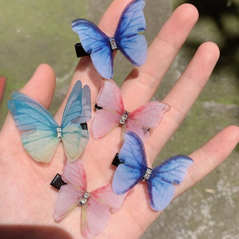 仙女双层立体薄纱仿真蝴蝶发夹水钻边夹汉服古典发饰头饰仙气古风