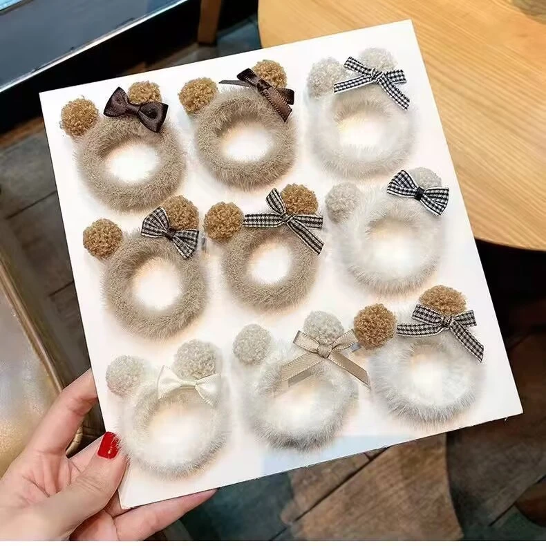 泰迪毛球米奇头绳韩版蝴蝶结毛绒发圈扎头发橡皮筋秋冬发饰毛茸茸