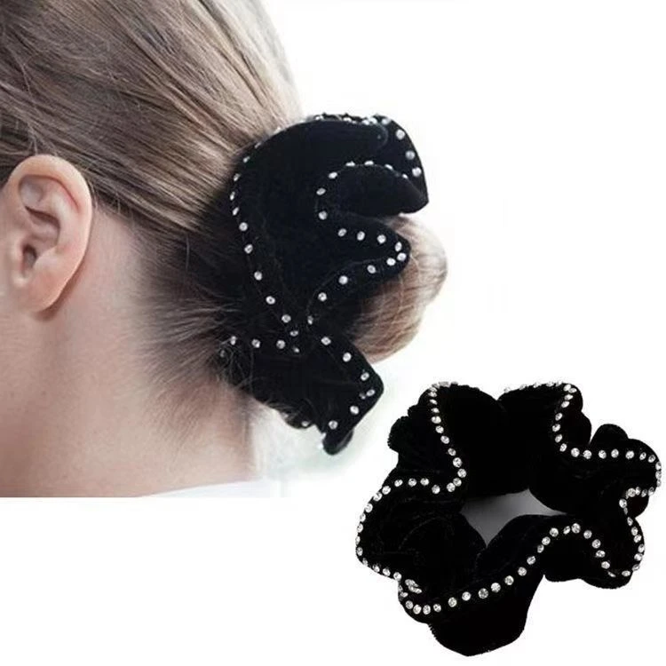 钻绒布发圈员工盘发大号头花简约扎马尾时尚发绳黑色大肠职业头绳