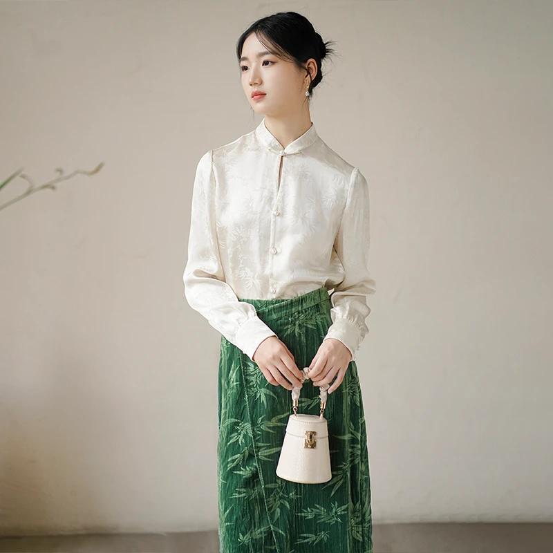 初蝉新中式女新款杏色优雅气质国风茶服小衫上衣0830-N