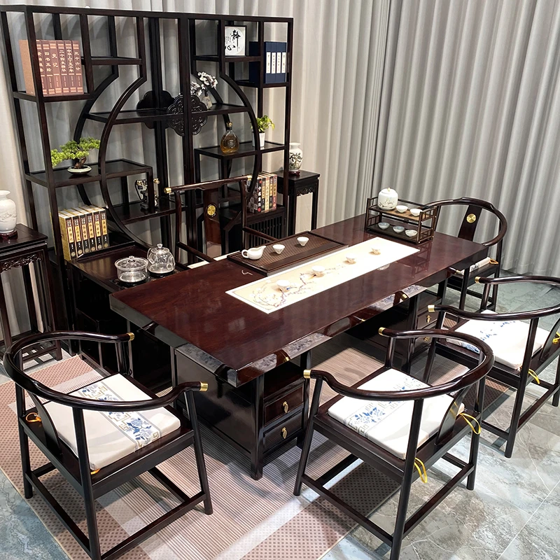 （皇冠椅配置）黑黄檀大板茶桌椅组合家用客厅实木茶桌办公桌办公桌
