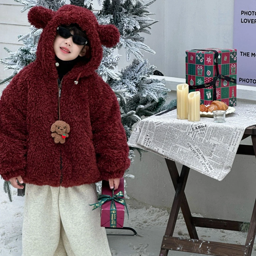 2024冬季新款儿童可爱毛毛加厚连帽外套男童夹棉保暖棉衣潮加绒