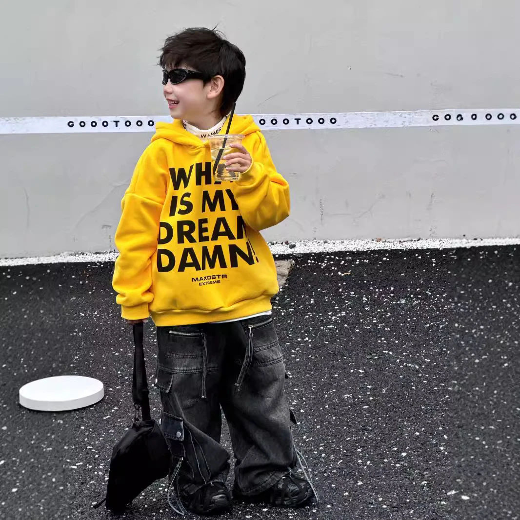 2024冬季新款韩版男童街头美式复古宽松字母印花连帽加厚卫衣