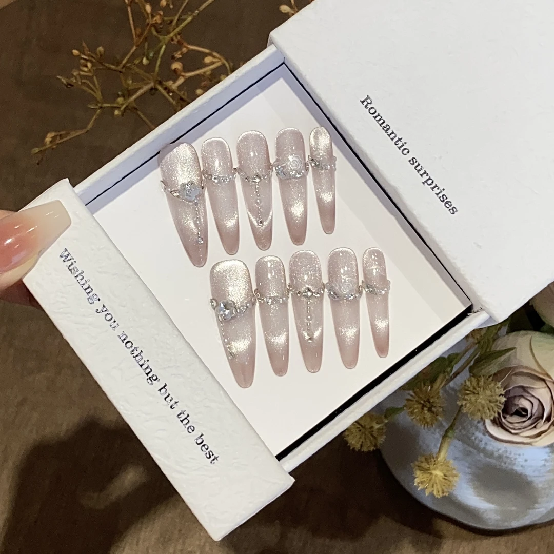 【末日之梦】纯手工穿戴甲高级碎钻猫眼立体浮雕玫瑰花花可拆卸美甲