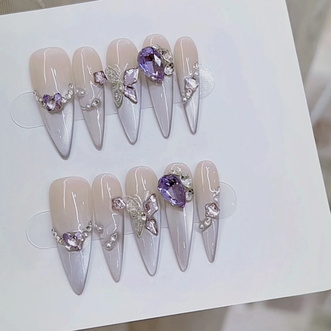 【燕尾蝶】纯手工穿戴甲香芋紫猫眼碎钻蝴蝶结可拆卸方便