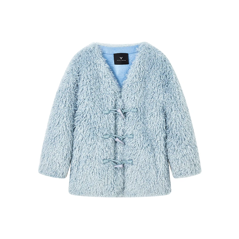 【诗语推荐】气质简约外套V领牛角扣柔软卷毛草草女K11APS8835