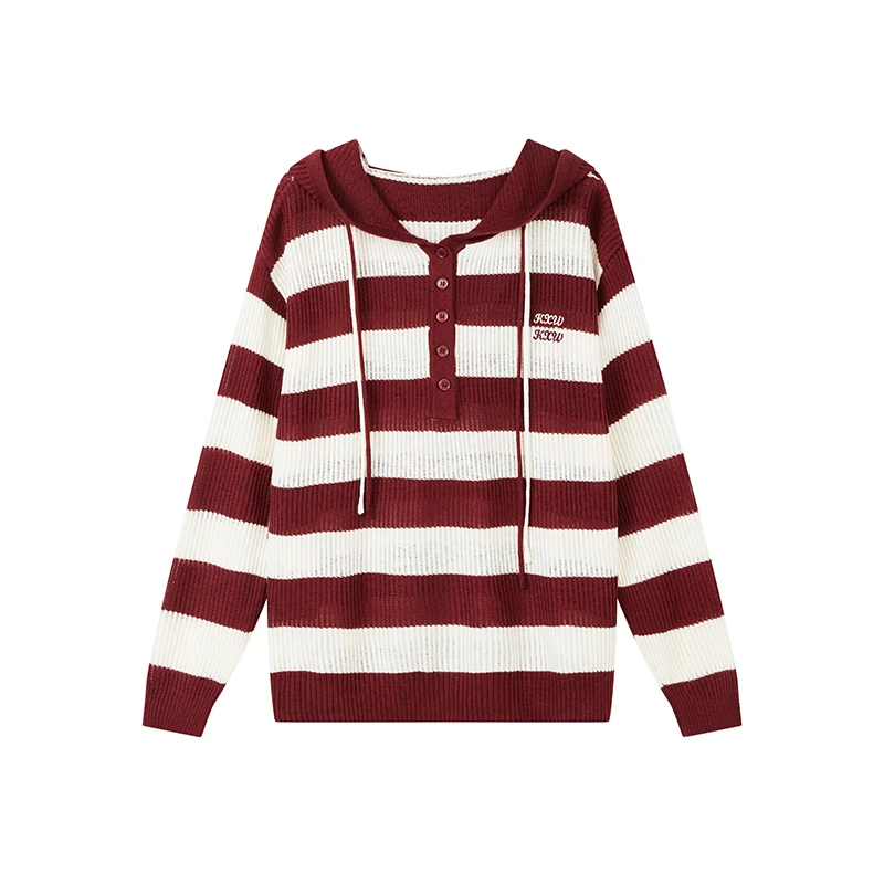 【达人专属】通勤简约针织衫连帽宽松条纹套头上衣D09BZN9548