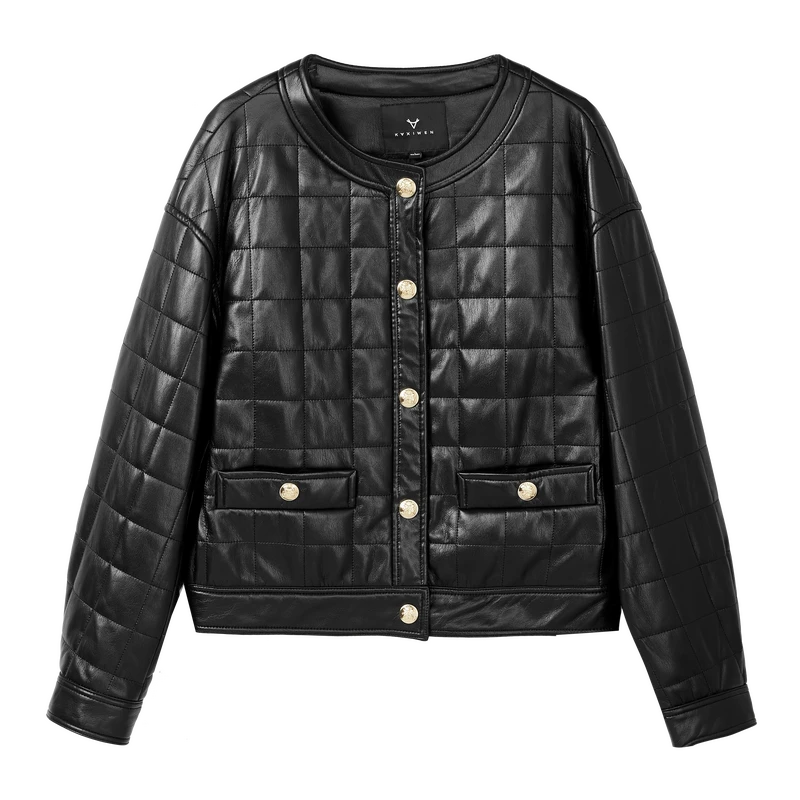 【诗语推荐】复古光泽感皮衣时髦圆领立体绗线上衣X09BWS8104