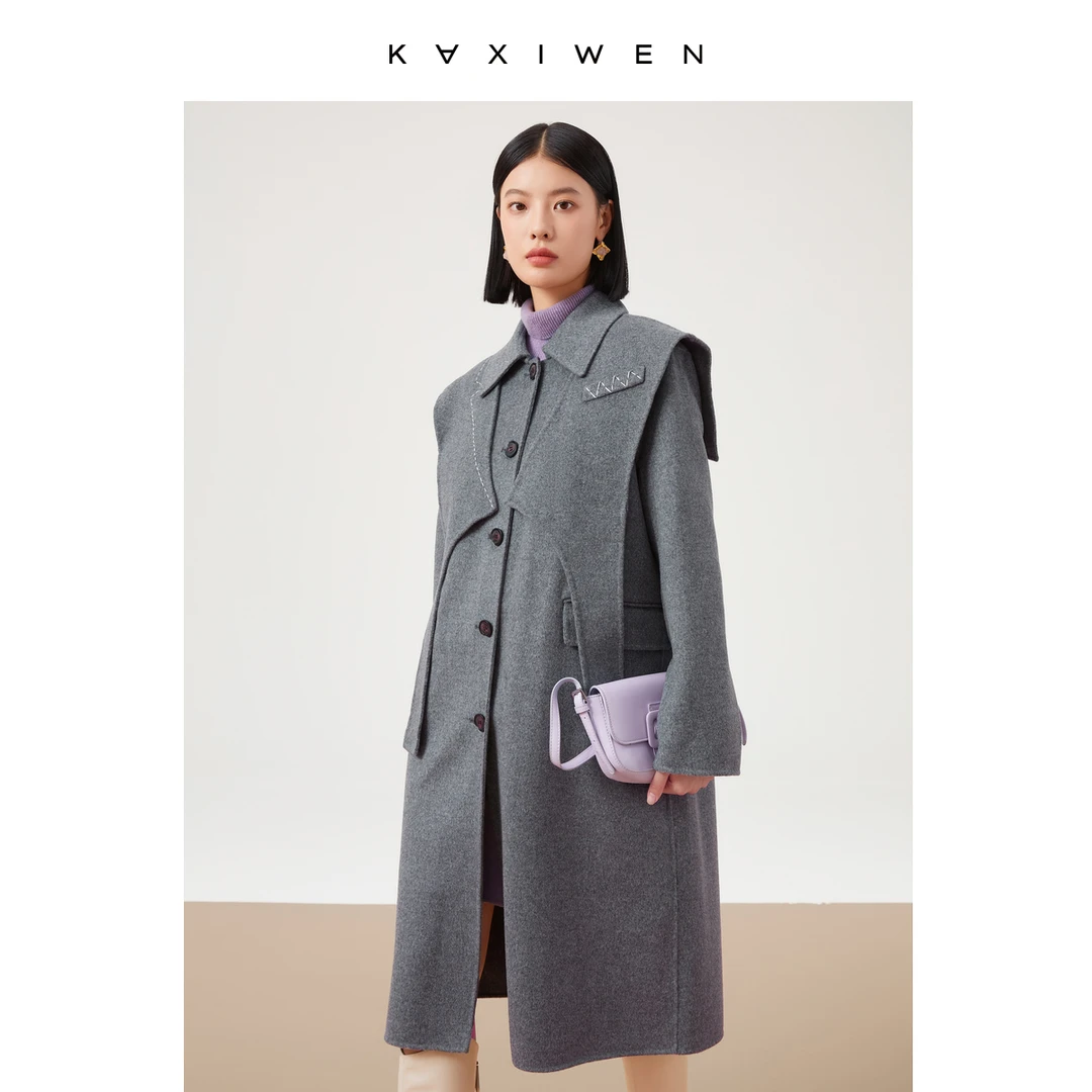 【诗语推荐】时尚假两件灰色高级感气质毛呢大衣X10ADE8666