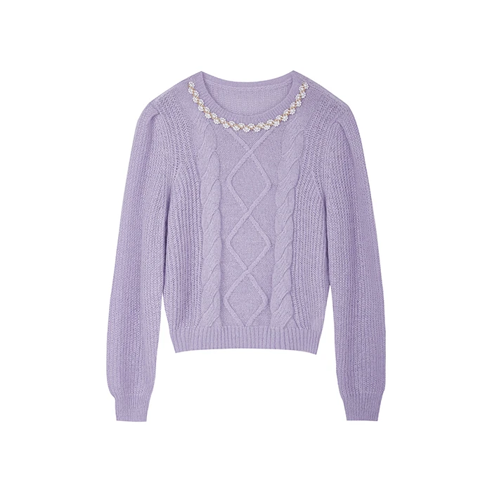 【诗语推荐】法式慵懒风设计感针织衫圆领珍珠毛衣N1525