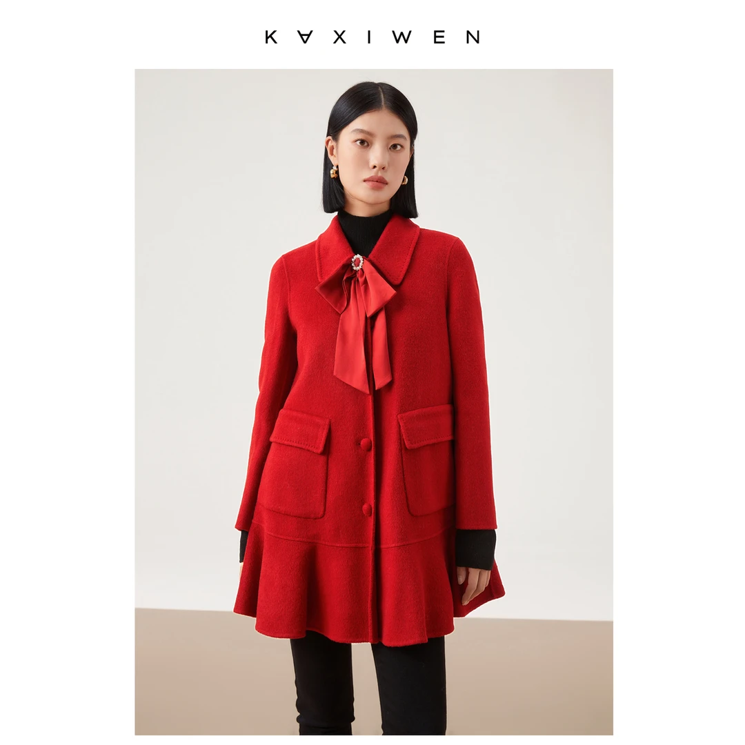 【诗语推荐】精致荷叶摆浪漫优雅全羊毛大衣外套X10ADE8310