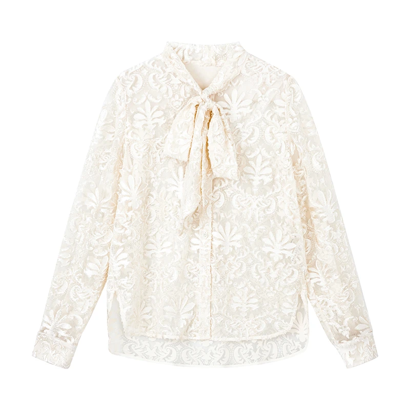 【小余专属】优雅蕾丝植绒衬衫法式气质蝴蝶结系带上衣D08CCN9009