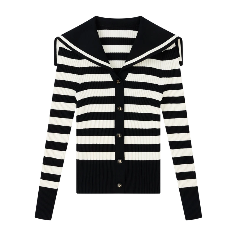 【诗语推荐】修身针织衫时尚海军领黑白条纹撞色上衣X09AZS8584