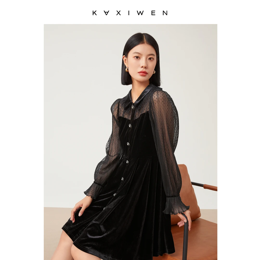 【达人专属】气质娃娃领网纱拼接收腰连衣裙X09BLE8173