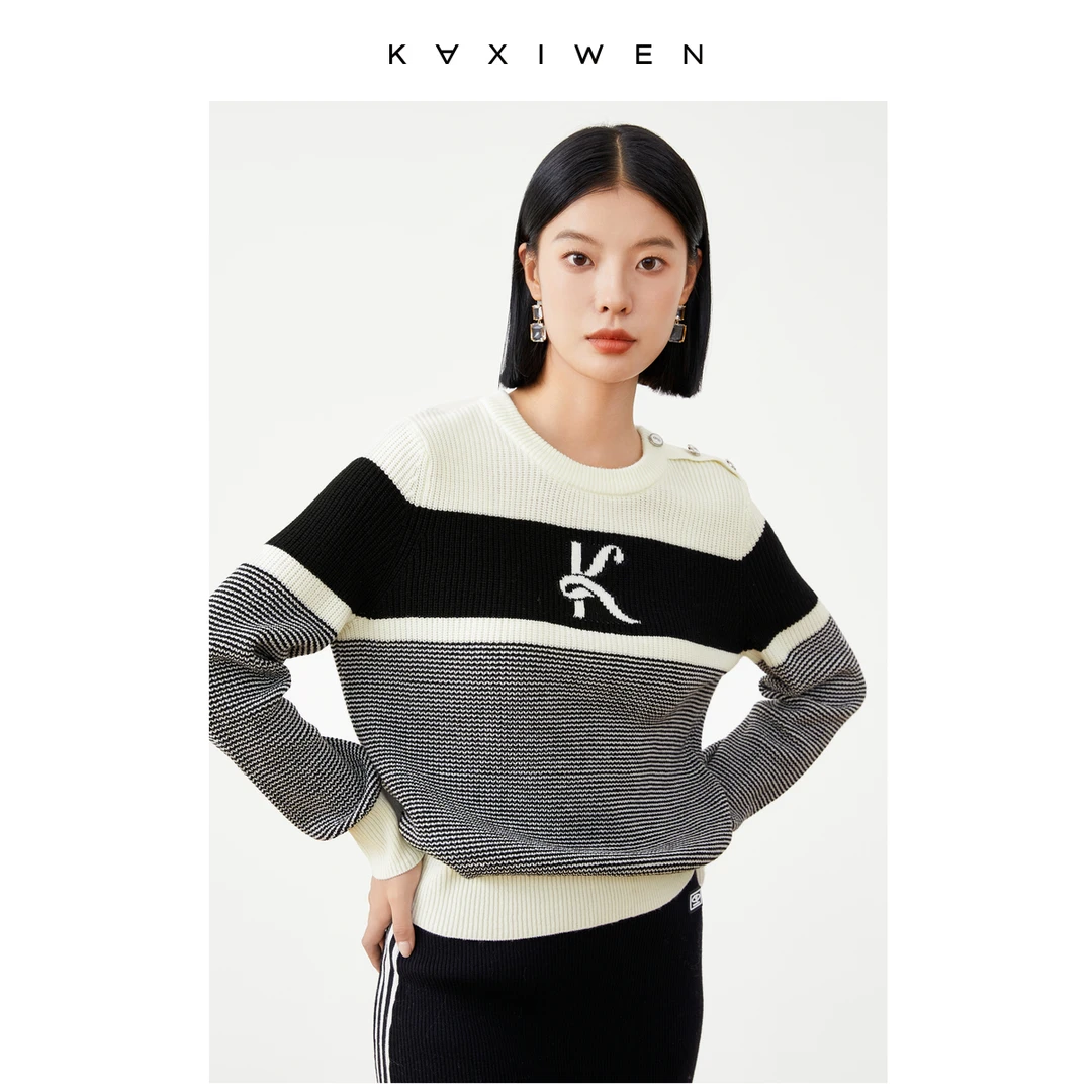 【诗语推荐】休闲提花针织衫内搭圆领拼色毛衣D09AZS9538