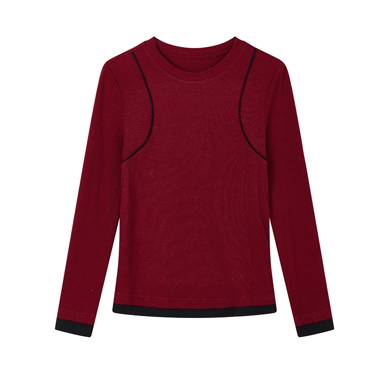 【诗语推荐】假两件撞色线条感针织衫安可拉红上衣D09BTN9043