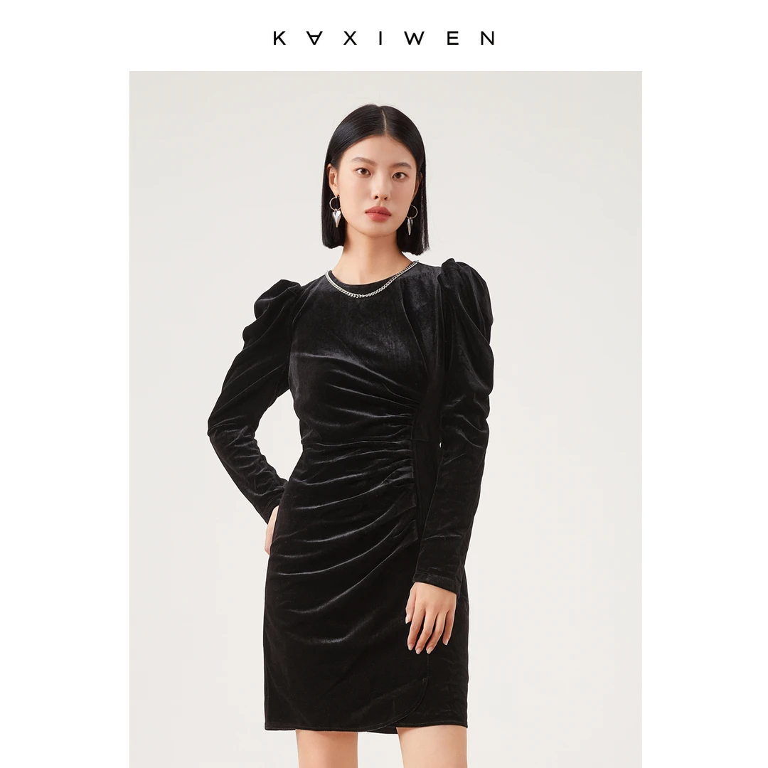 【小余专属】X09BLE8153女装链条装饰法式压褶丝绒连衣裙