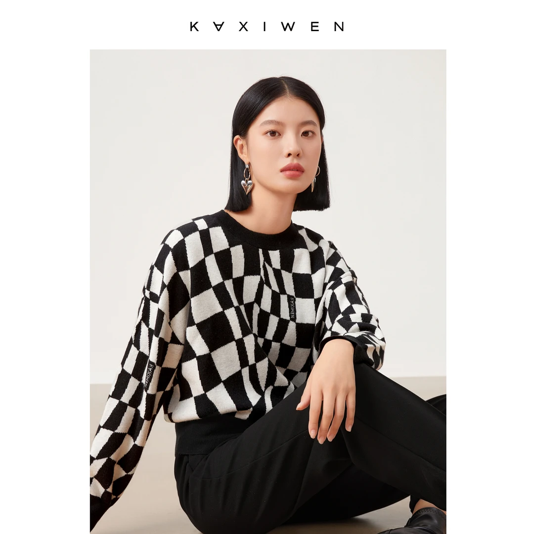 【籽言专属】女装圆领长袖宽松撞色圆领针织衫X09AZE8513