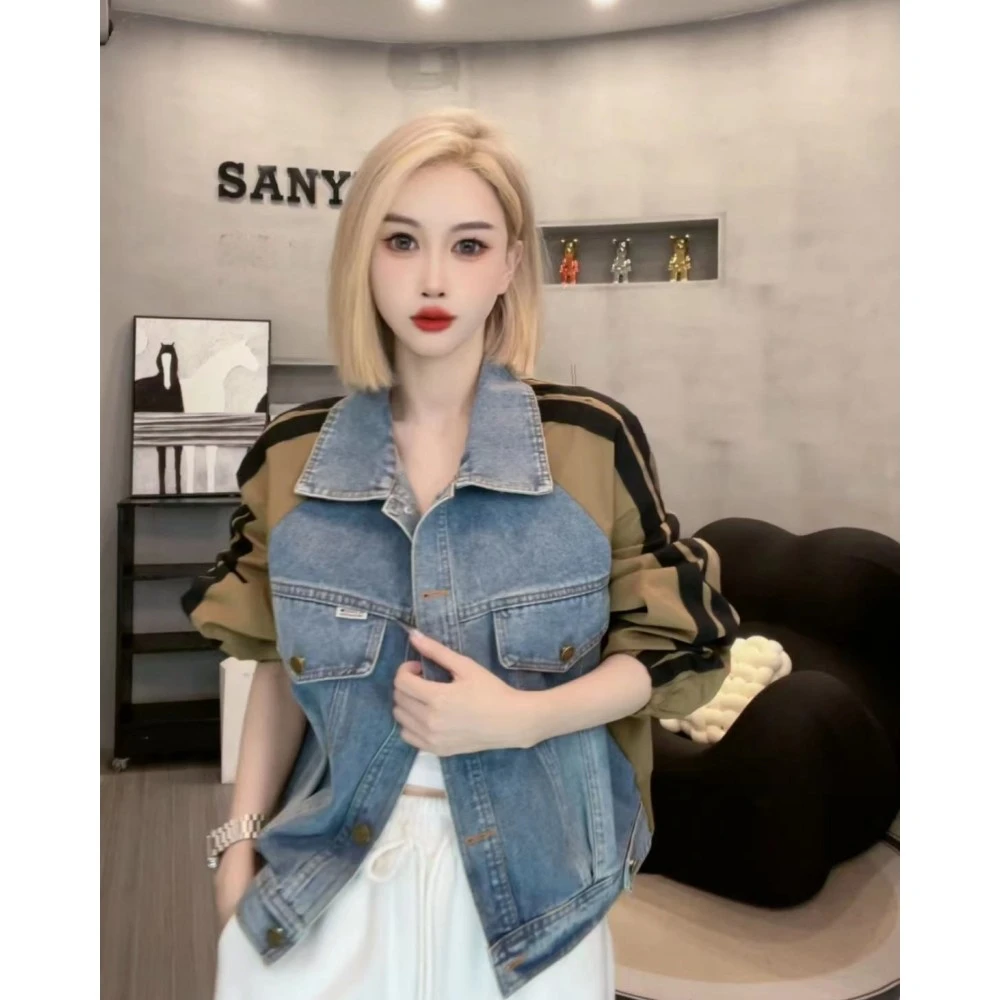 港风拼接牛仔外套女欧洲站2023年秋季新款韩版显瘦撞色夹克上衣潮