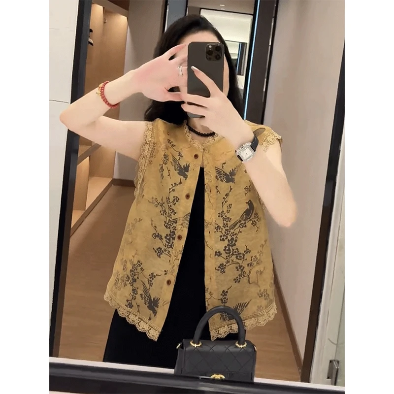 新中式无袖马甲女款2024新款夏款上衣设计感国风蕾丝背心马甲外套