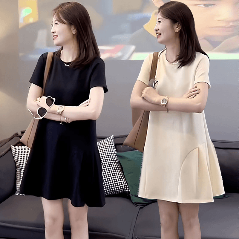 法式赫本风圆领褶皱娃娃裙子女夏季新款宽松显瘦气质小个子连衣裙
