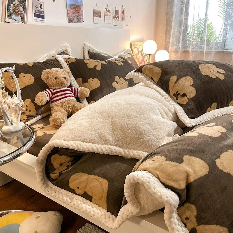 【大促】加厚牛奶绒床上四件套羊羔绒格子被套冬季珊瑚绒床品男床