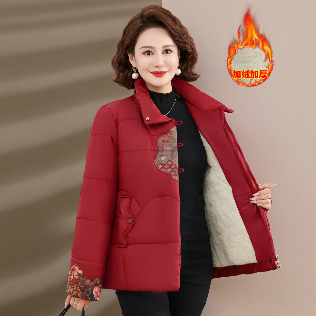 新中式中老年女装棉服刺绣中年妈妈装棉袄加绒冬季外套