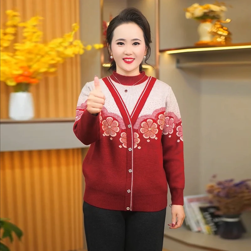 妈妈装秋冬加绒毛衣洋气保暖内搭中老年一体绒假两件打底衫
