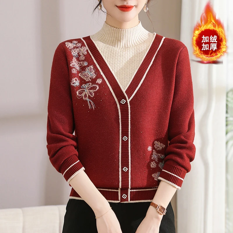 洋气妈妈秋冬加绒加厚半高领毛衣中老年女装一体绒保暖打底套装