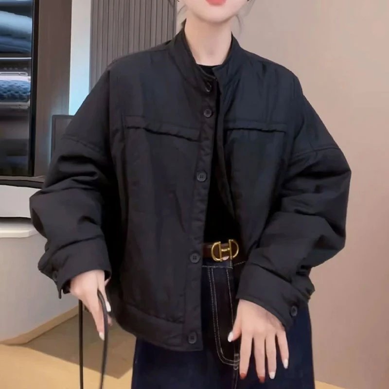 秋冬时尚高级感立领纯色棉服大码女装宽松遮肉显瘦百搭单排扣外套