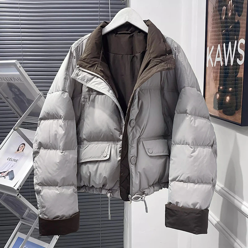 大码女装翻袖拼接撞色保暖棉服冬季小众下摆抽绳加厚面包服外套女