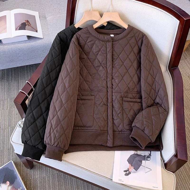 大码女装时尚洋气减龄菱形格外套秋冬宽松显瘦气质减龄轻薄棉服潮