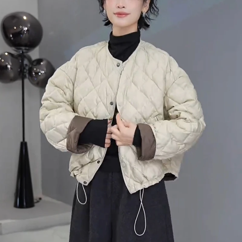 冬季网红爆款菱形格单排扣圆领棉衣时尚高级感气质减龄保暖外套女