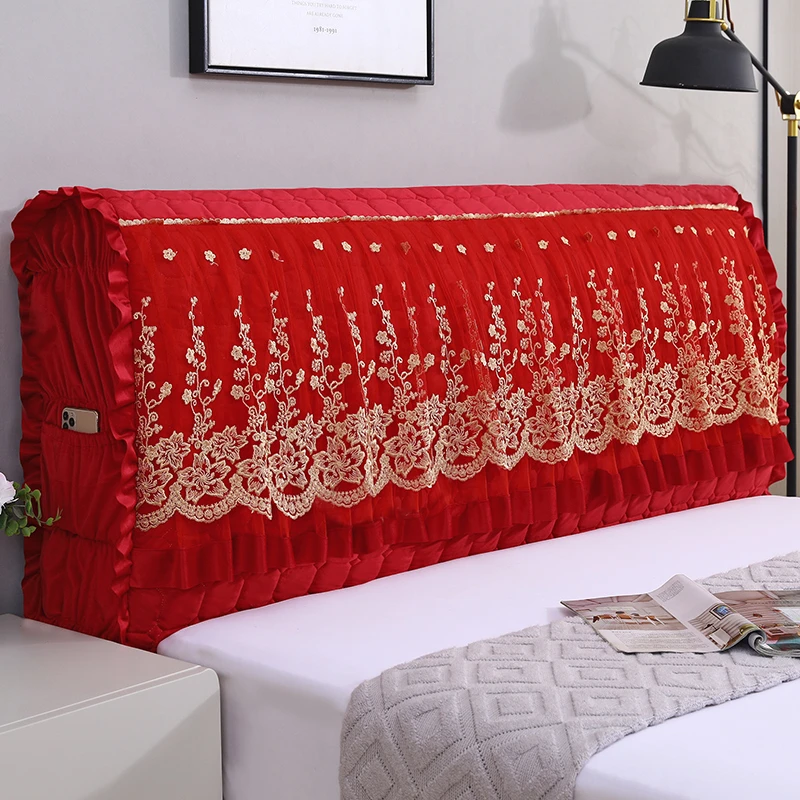 婚庆大红全包床头罩夹棉加厚防尘罩蕾丝公主风软包皮床头套保护罩