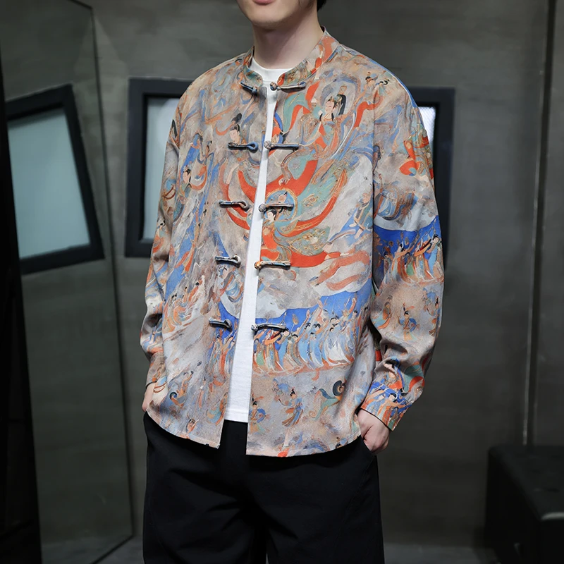 男士成人立领常规秋季长袖男大码衬衫复古印花中国风宽松31219