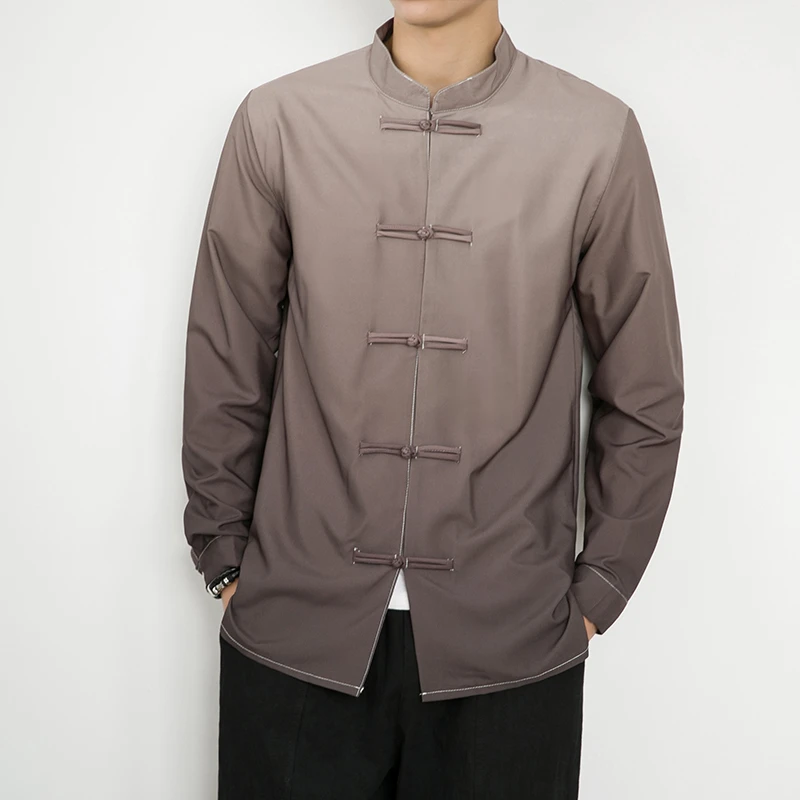 枝韬宽松长袖盘扣休闲衬衫男士古风中式上衣立领复古大码衬衣883