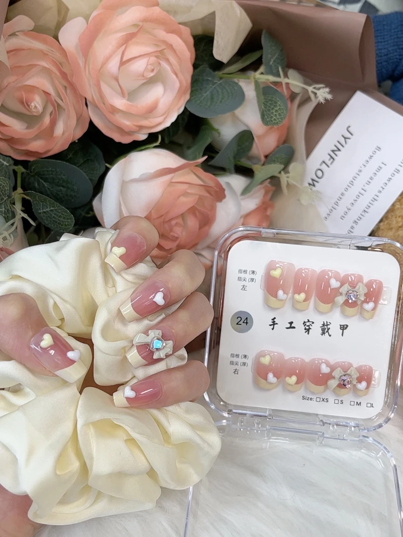 甜心奶泡-可爱腮红法式爱心蝴蝶结腮红少女感手工穿戴甲美甲成品