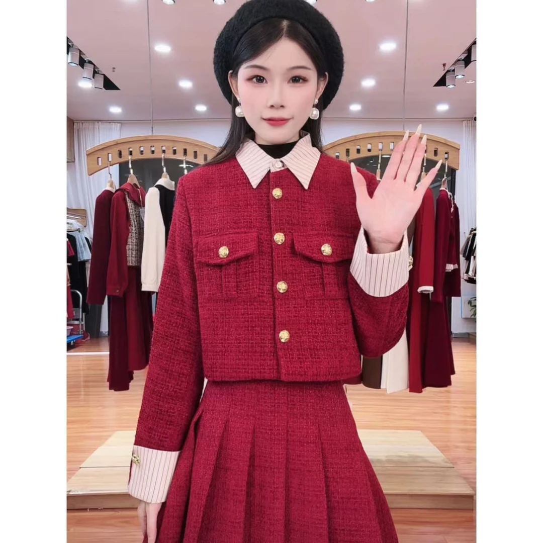 小香风红色夹棉套装2024冬款赫本风洋气网红显瘦百搭减龄百褶短款