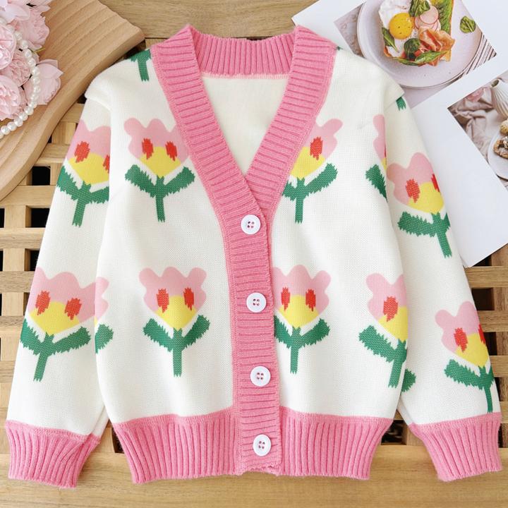 女童开衫2024秋冬新款V领粉色花朵针织衫儿童洋气毛衣外套童装