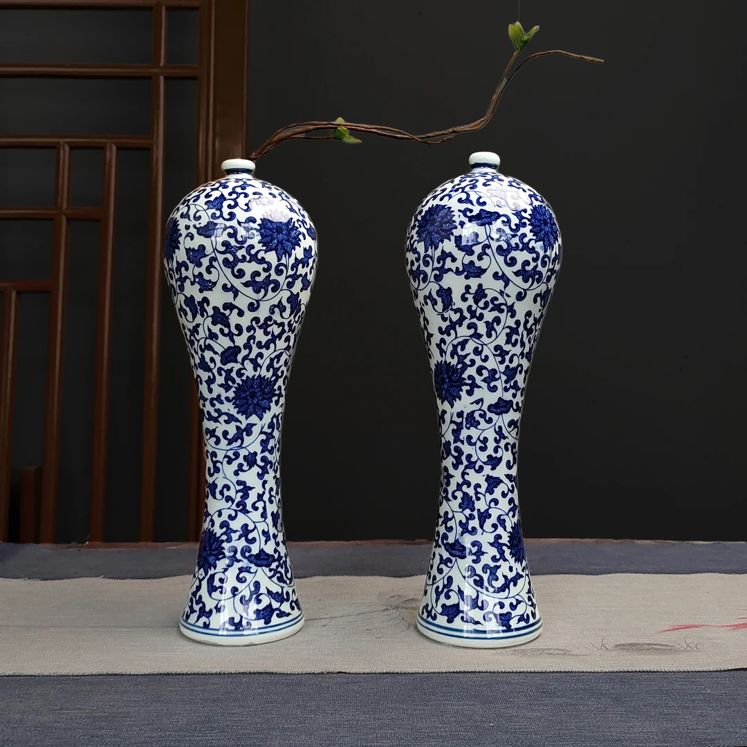 WN/问泥景德镇陶瓷青花仿古摆件新中式美人青花瓷花瓶瓷器缠枝