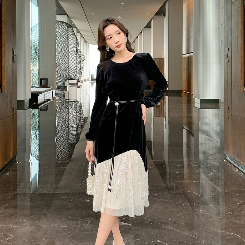 2024秋季新款大码女装法式温柔裙子胖妹妹拼接亮片丝绒连衣裙