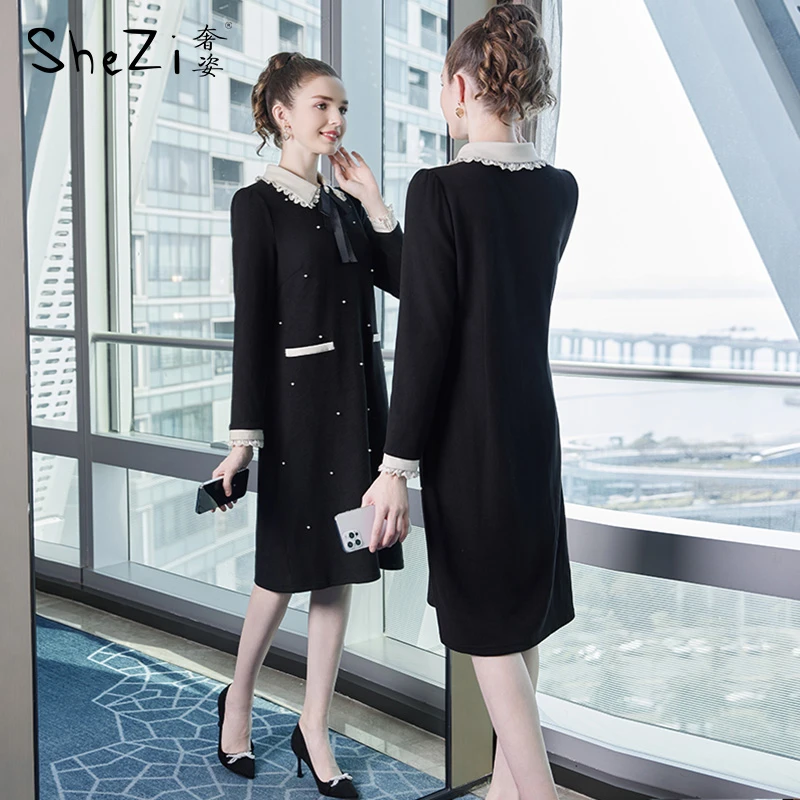 奢姿2023年冬季新款大码女装气质翻领裙子胖妹妹减龄蝴蝶结连衣裙