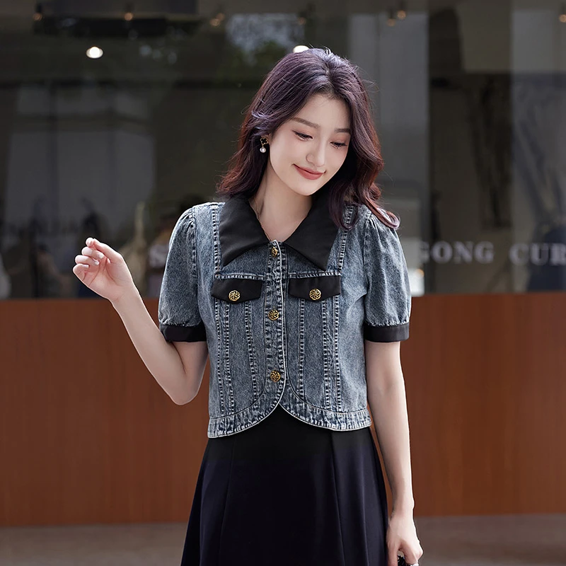 奢姿2024年夏装新款大码女装气质翻领牛仔胖妹妹减龄气质短外套
