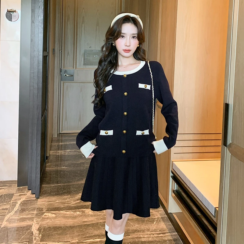 奢姿2024年冬季新款大码女装开衫短裙套装胖妹妹撞色小香风两件套