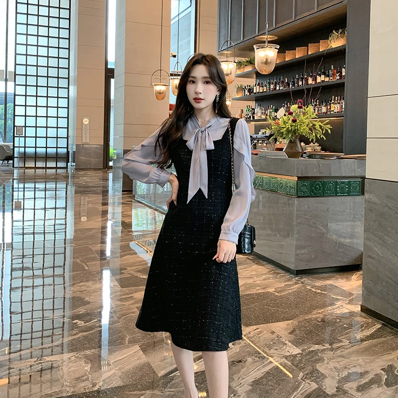 奢姿大码女装2024秋季减龄蝴蝶结绑带裙子胖妹妹假两件拼接连衣裙