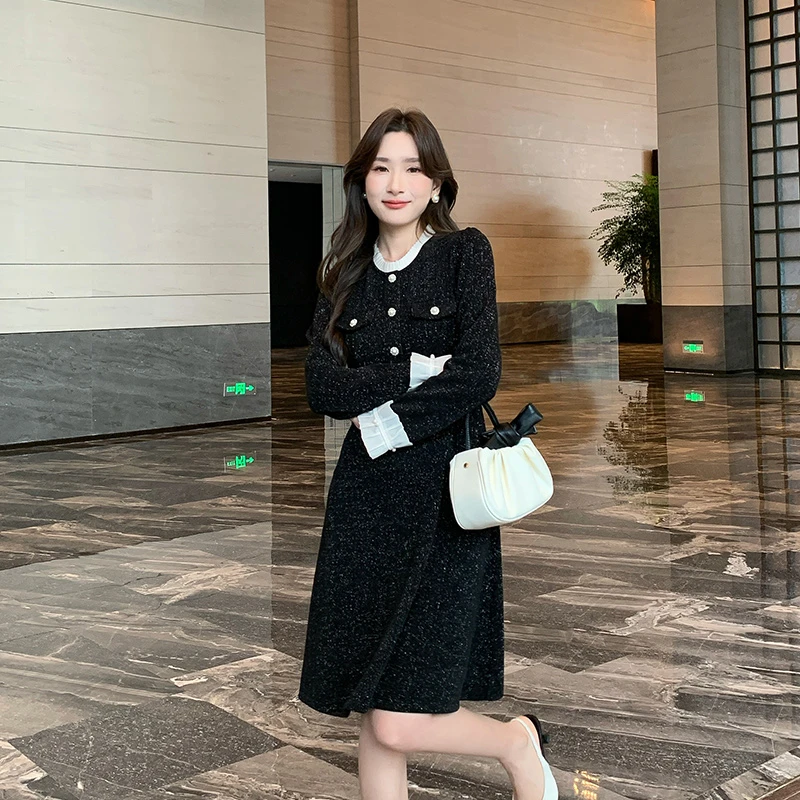 奢姿2024年秋季新款大码女装花边拼接裙子胖妹妹小香风气质连衣裙